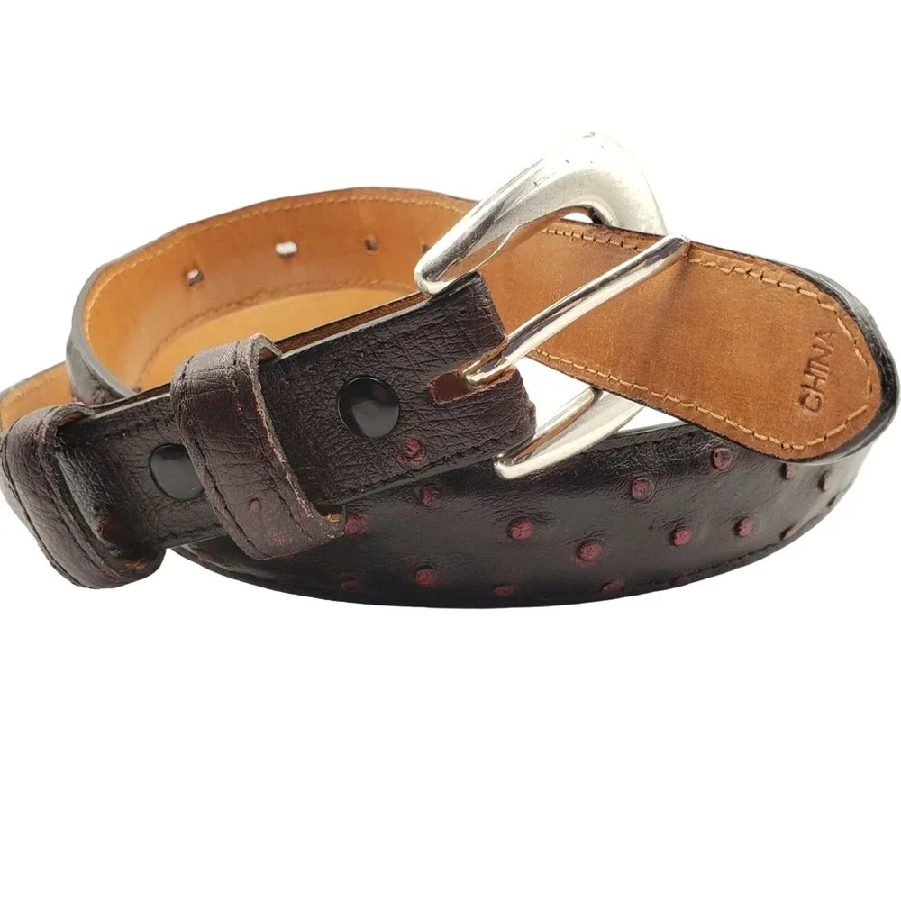 Nocona Dark Brown Red Leather Belt 32 Ostrich Pattern Silver Tone Buckle Western
